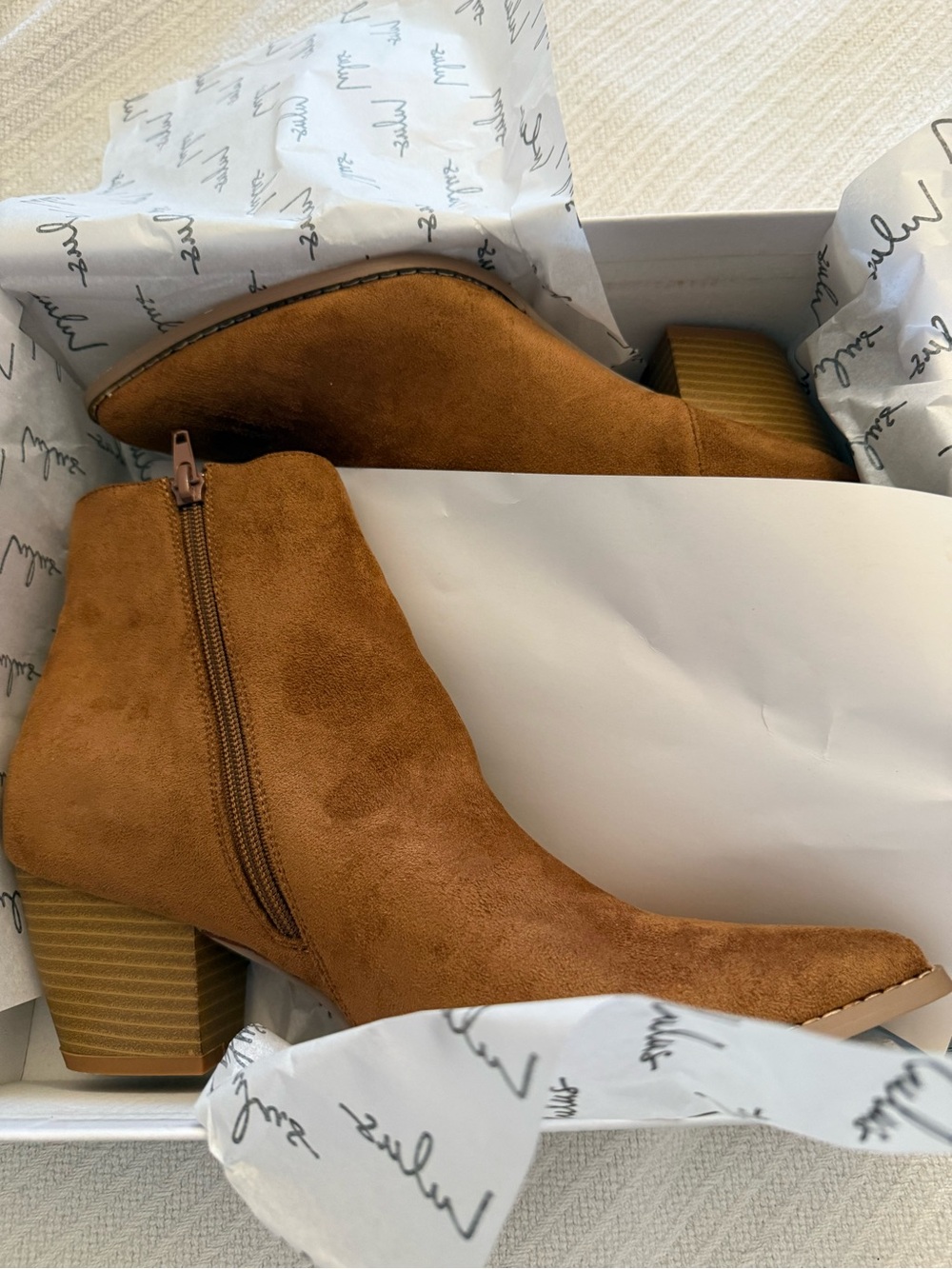 Lulu's Cognac Suede Pointed Toe Ankle Booties with Stacked Block Heel